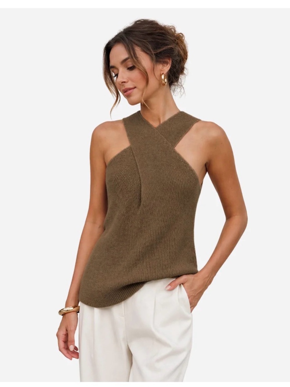 Sleeveless Knit Cross-Front key hole Tank in Brown - Small